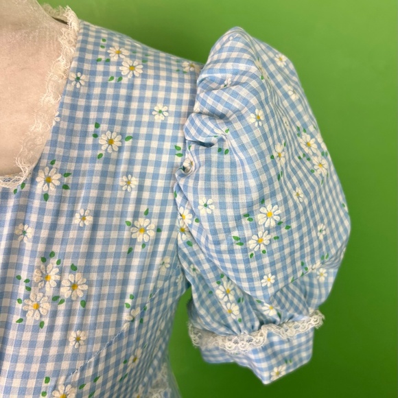 Vintage 60s 70s Blue Gingham Flocked Daisy Empire Waist Dress - Size XS - Picture 4 of 9